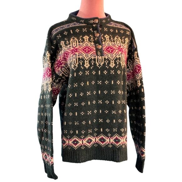 VTG USA Made LL Bean Wool Pullover Sweater Green Intarsia Nordic Design Button M - Picture 1 of 8